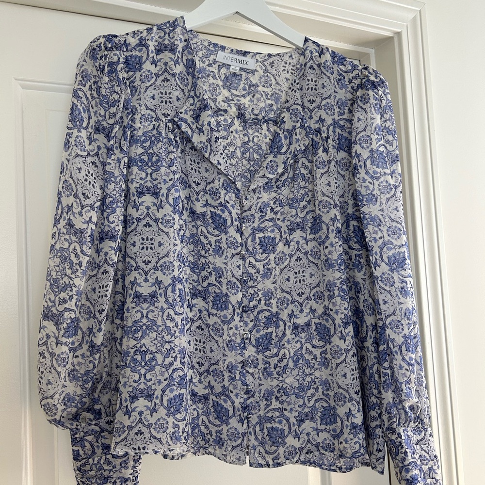 Blue and White Printed Women's Top